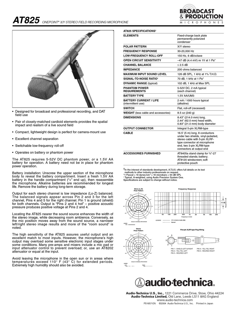 Audio Technica Onepoint At825 Specifications Pdf Download Manualslib