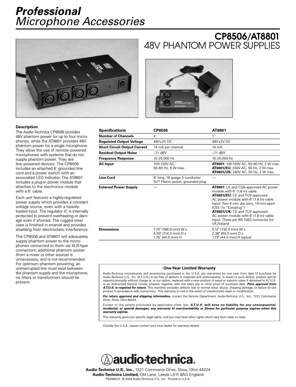 AUDIO TECHNICA AT8801 POWER SUPPLY SPECIFICATIONS ManualsLib