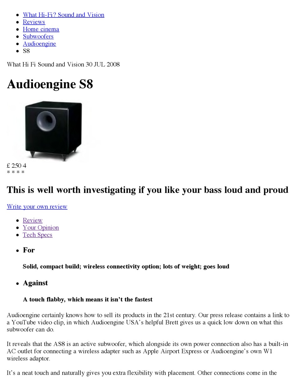 AUDIOENGINE AS8 SUBWOOFER SUPPLEMENTARY MANUAL ManualsLib