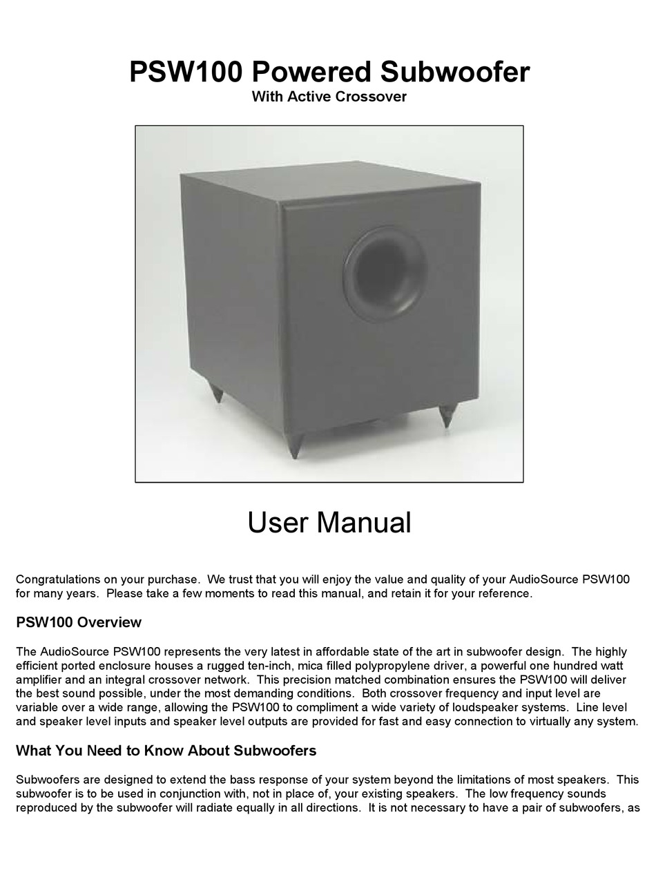 AUDIOSOURCE PSW100 USER MANUAL Pdf Download | ManualsLib