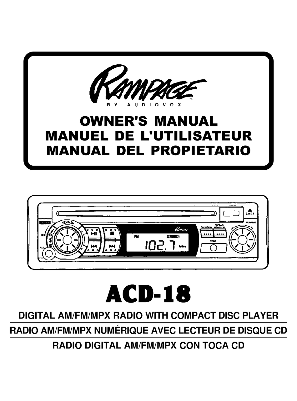 AUDIOVOX ACD-18 CAR RECEIVER OWNER'S MANUAL | ManualsLib