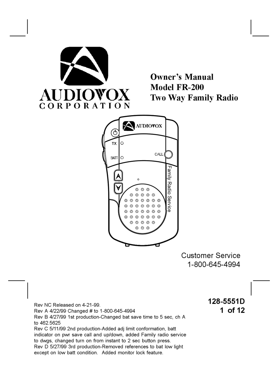 AUDIOVOX FR200 TWOWAY RADIO OWNER'S MANUAL ManualsLib