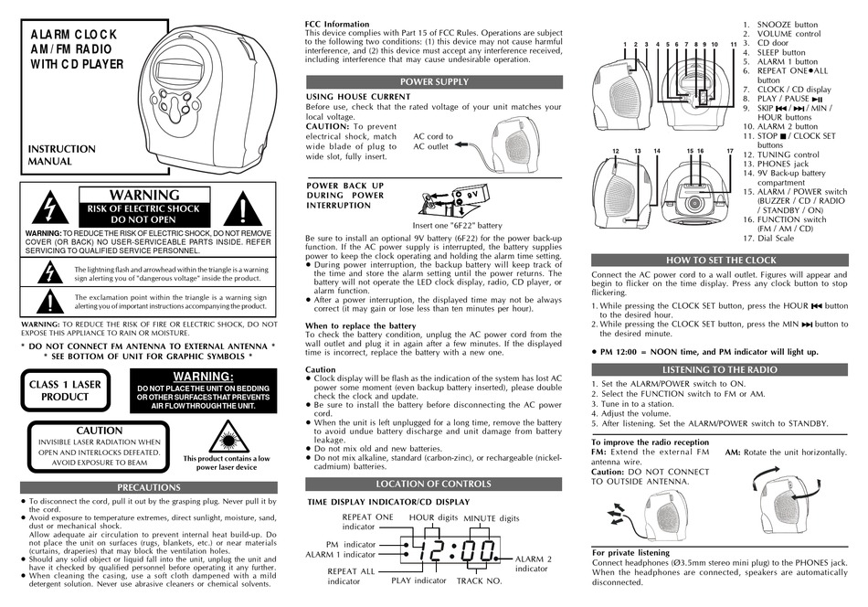 AUDIOVOX CE255 CLOCK RADIO INSTRUCTION MANUAL ManualsLib