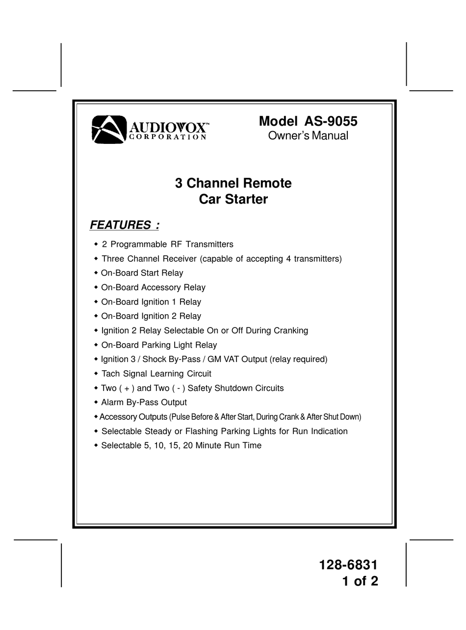 AUDIOVOX AS-9055 REMOTE STARTER OWNER'S MANUAL | ManualsLib