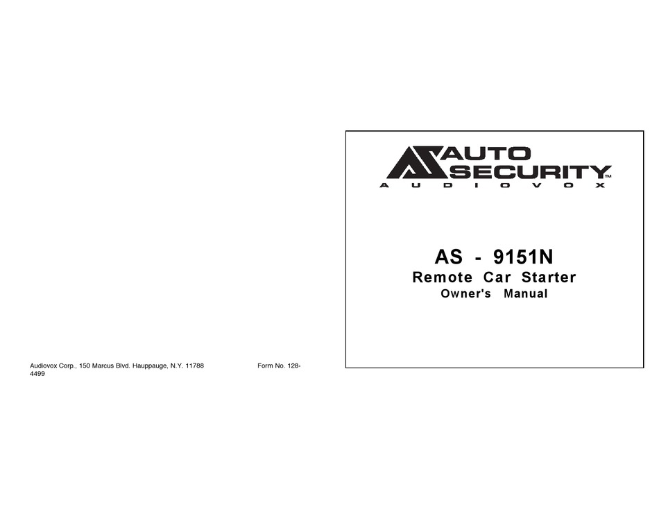 AUDIOVOX AUTO SECURITY AS9151N REMOTE STARTER OWNER'S MANUAL ManualsLib