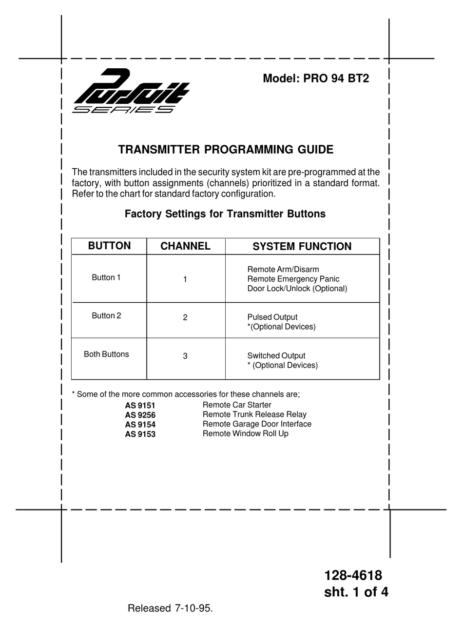 AUDIOVOX PRO94BT2 TRANSMITTER PROGRAMMING MANUAL | ManualsLib