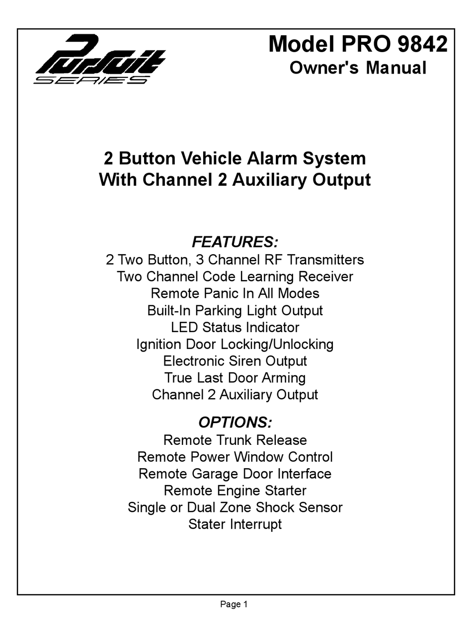 AUDIOVOX PRO9842B CAR ALARM OWNER'S MANUAL | ManualsLib