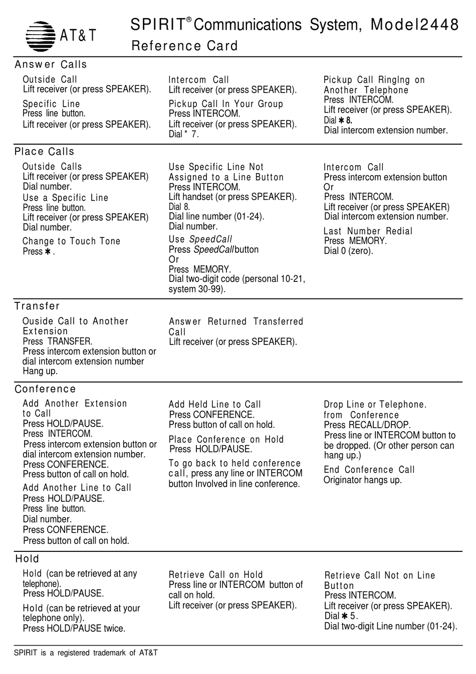AT&T SPIRIT 2448 TELEPHONE REFERENCE CARD | ManualsLib