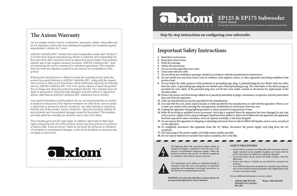 AXIOM AUDIO EP125 SUBWOOFER OWNER'S MANUAL | ManualsLib