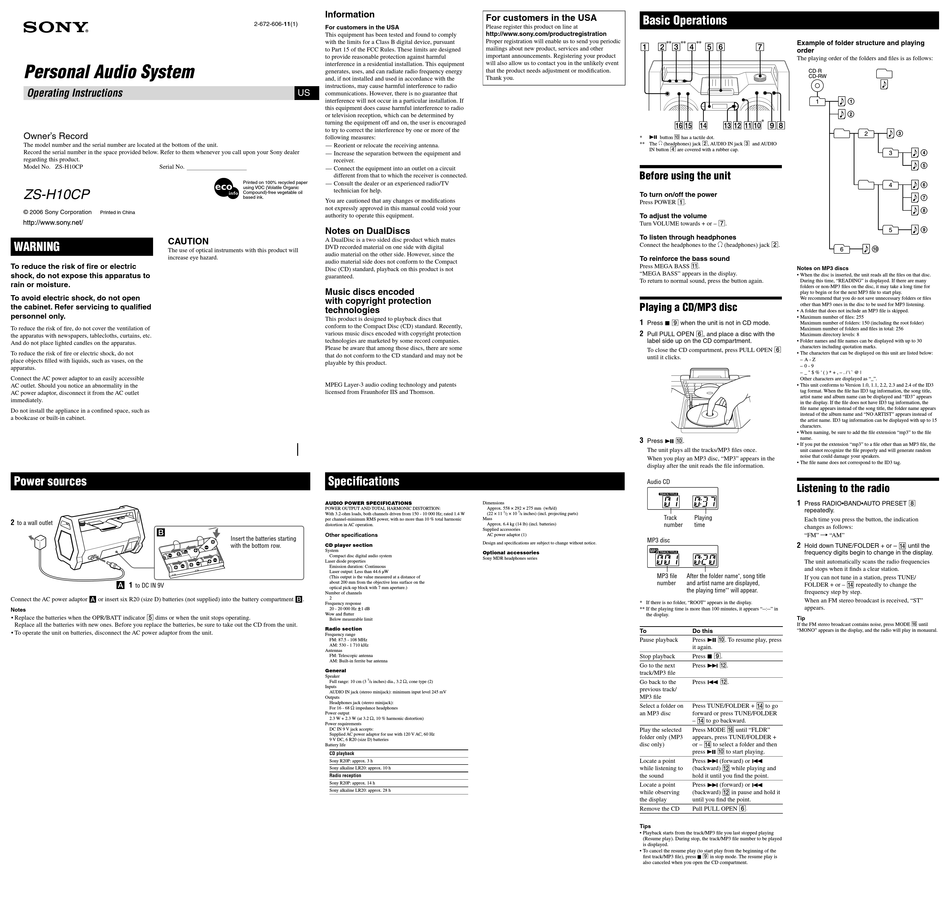SONY ZS-H10CP STEREO SYSTEM OPERATING INSTRUCTIONS | ManualsLib