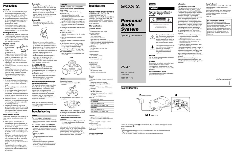 SONY ZS-X1 STEREO SYSTEM OPERATING INSTRUCTIONS | ManualsLib