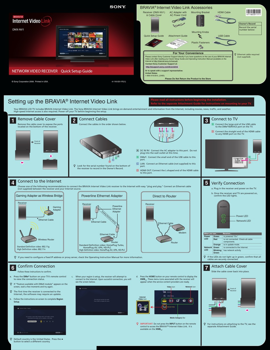 SONY DMXNV1 QUICK SETUP GUIDE (FOR DMXNV1 MODEL BUNDLED WITH KDLXXWL140 TELEVISIONS) RECEIVER