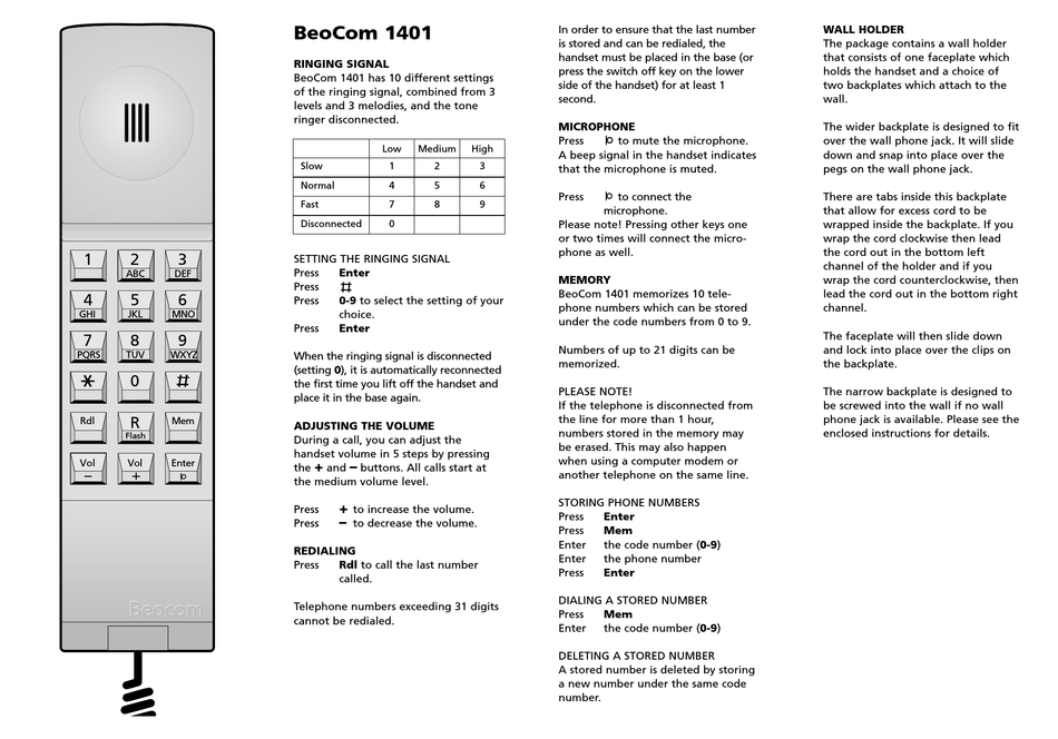 BANG & OLUFSEN BEOCOM TELEPHONE MANUAL | ManualsLib