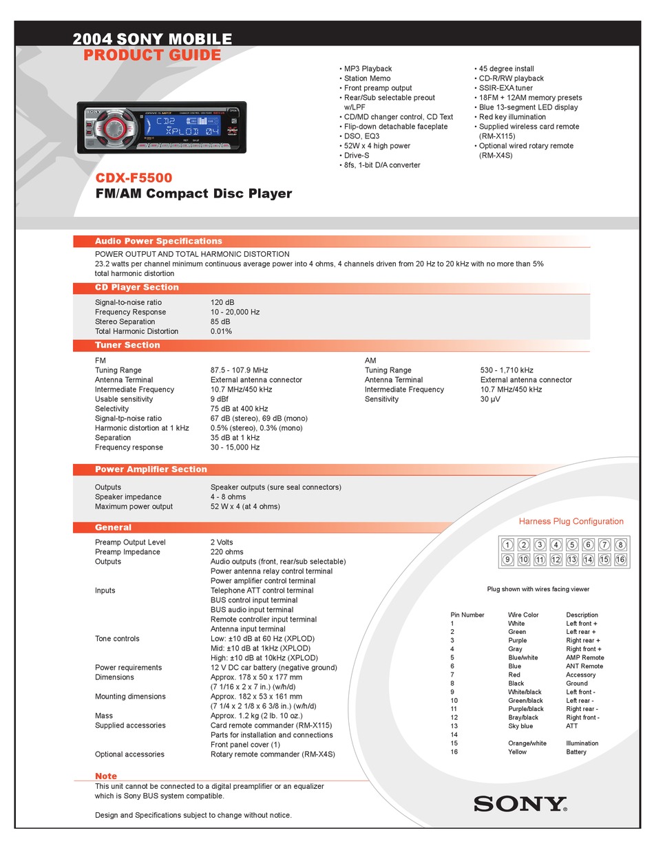 SONY CDX-F5500 OPERATING INSTRUCTIONS (XT-XM1) CAR RECEIVER PRODUCT ...