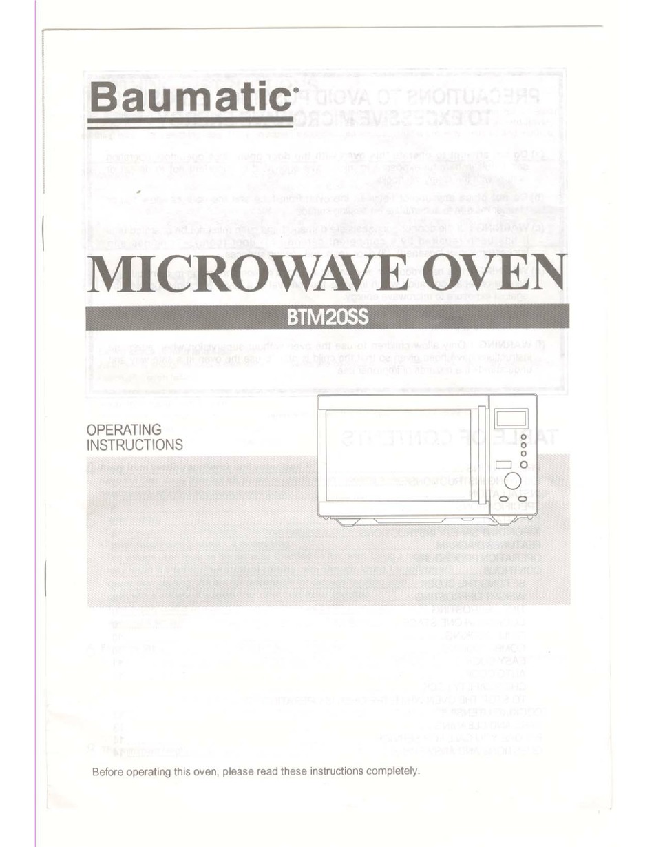 BAUMATIC BTM20SS MICROWAVE OVEN OPERATING INSTRUCTIONS MANUAL ManualsLib