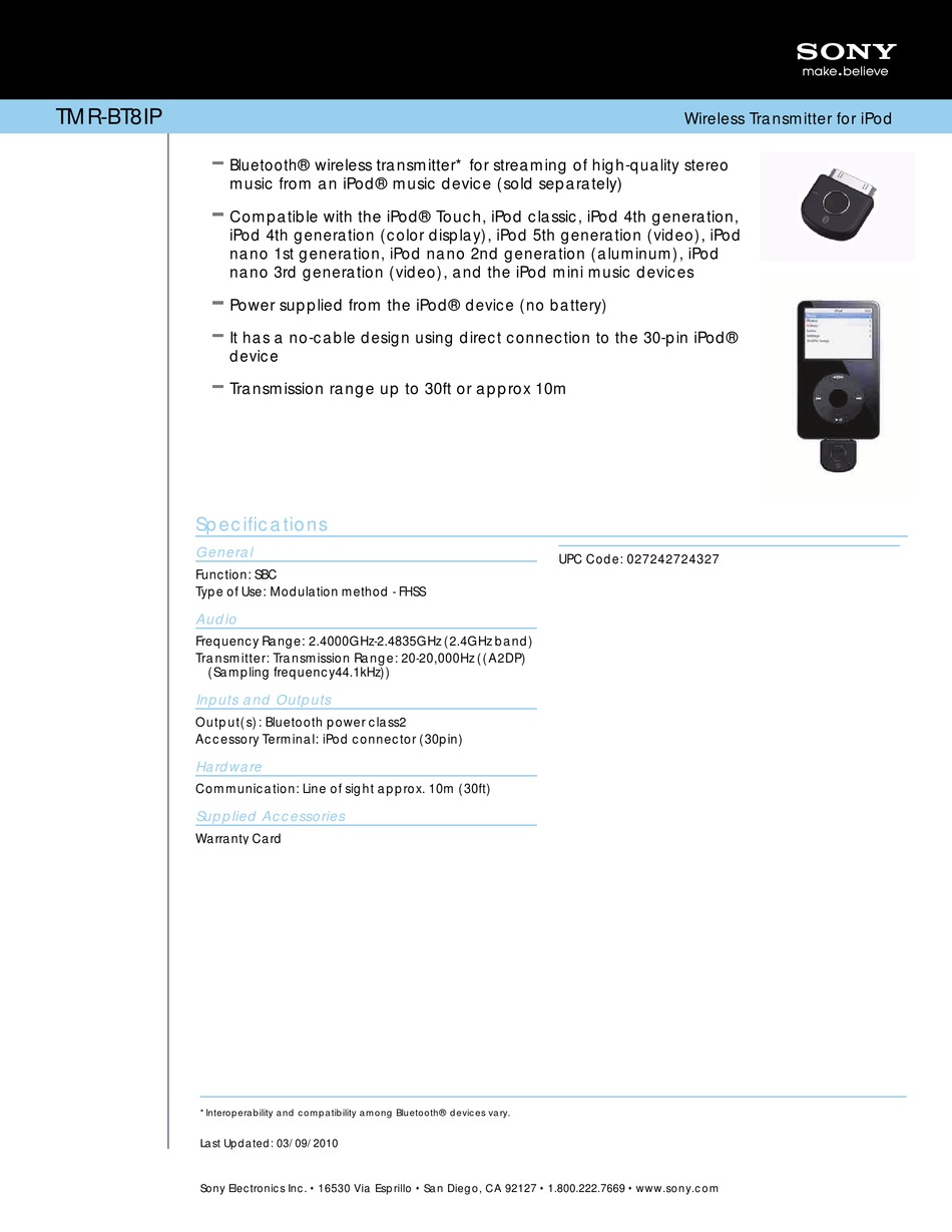 SONY TMRBT8IP MARKETING TRANSMITTER SPECIFICATION SHEET ManualsLib