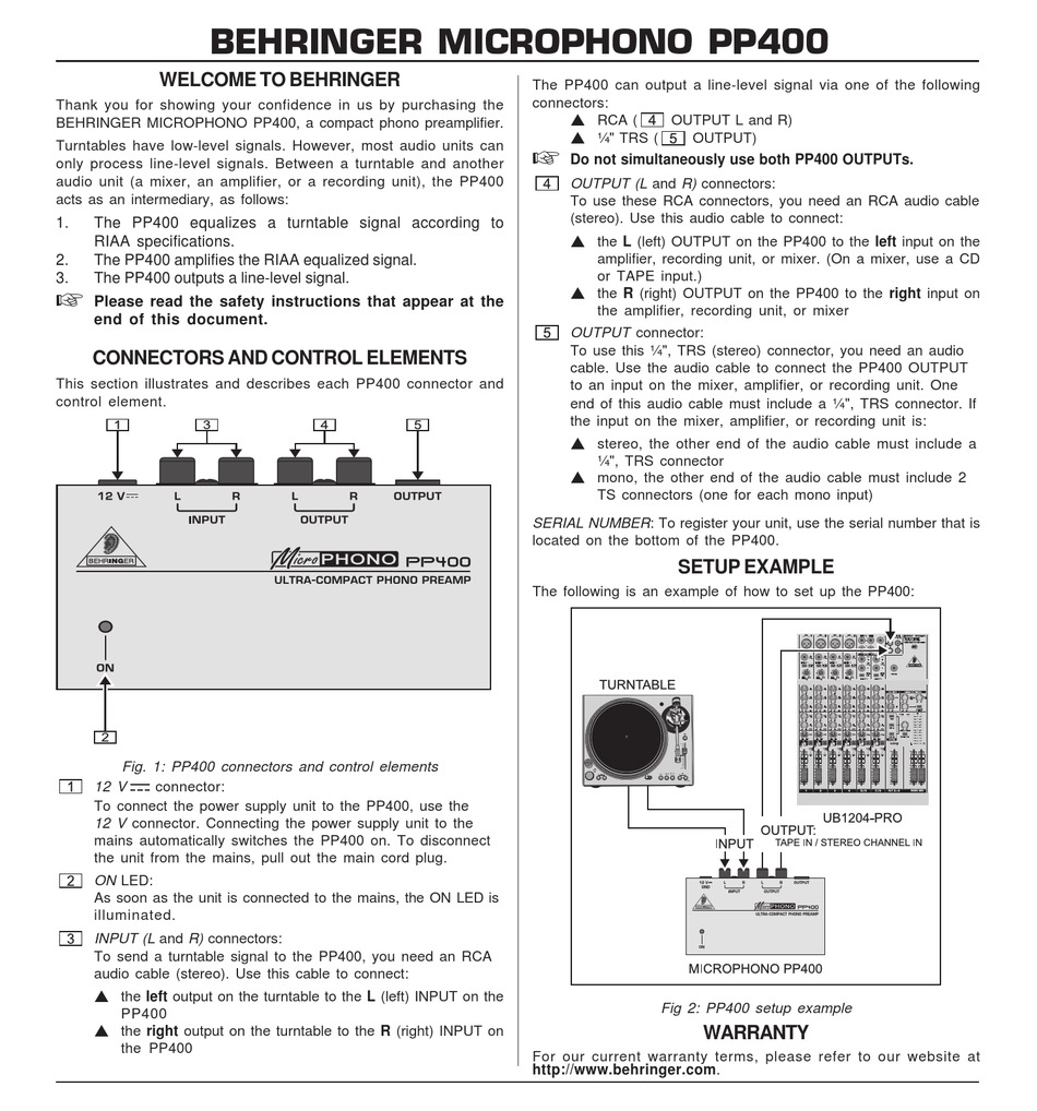 BEHRINGER MICROPHONO PP400 AMPLIFIER USER MANUAL | ManualsLib