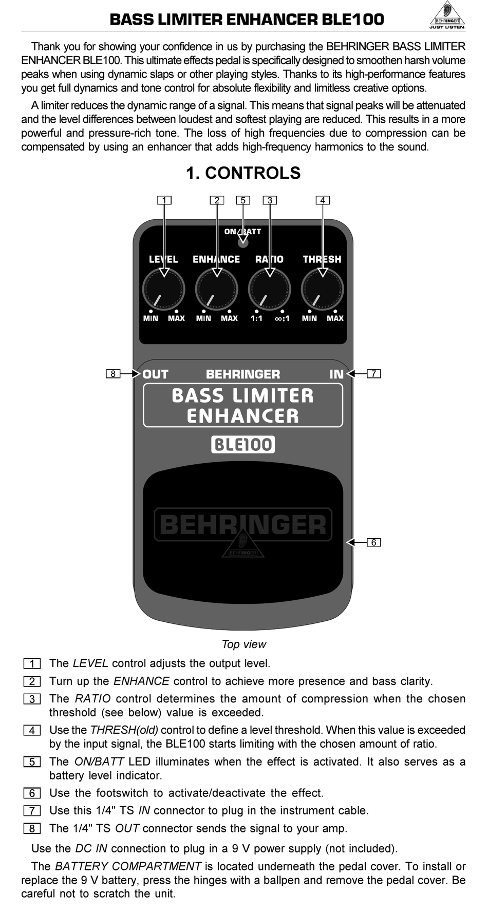 BEHRINGER BASS LIMITER ENHANCER BLE100 MUSIC PEDAL USER MANUAL ManualsLib