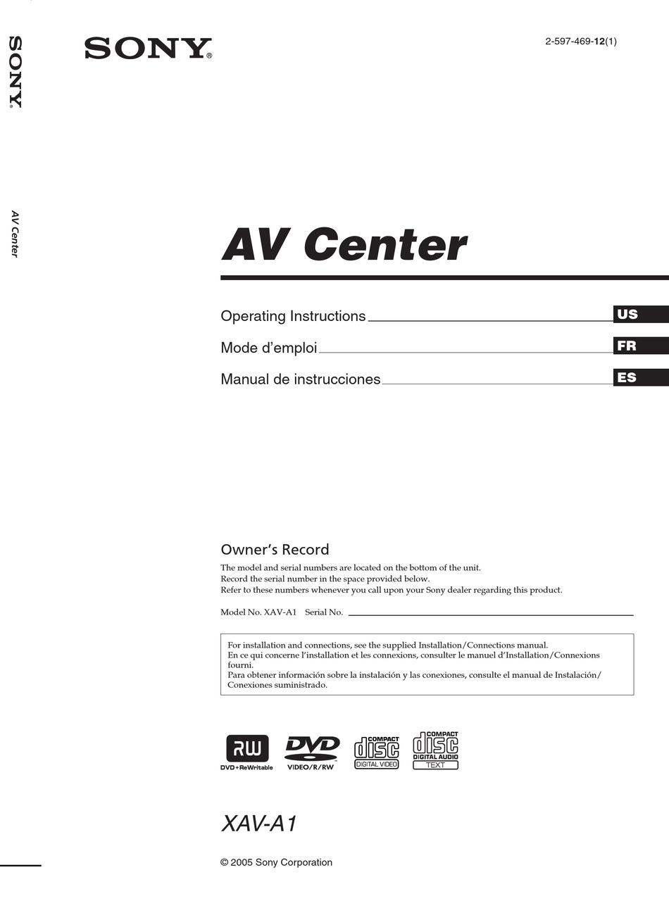 SONY XAV-A1 OPERATING INSTRUCTIONS MANUAL Pdf Download | ManualsLib