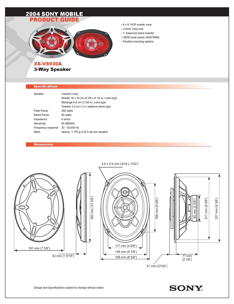 SONY XSV6930A INSTRUCTIONS (PRIMARY MANUAL) CAR SPEAKER SPECIFICATIONS