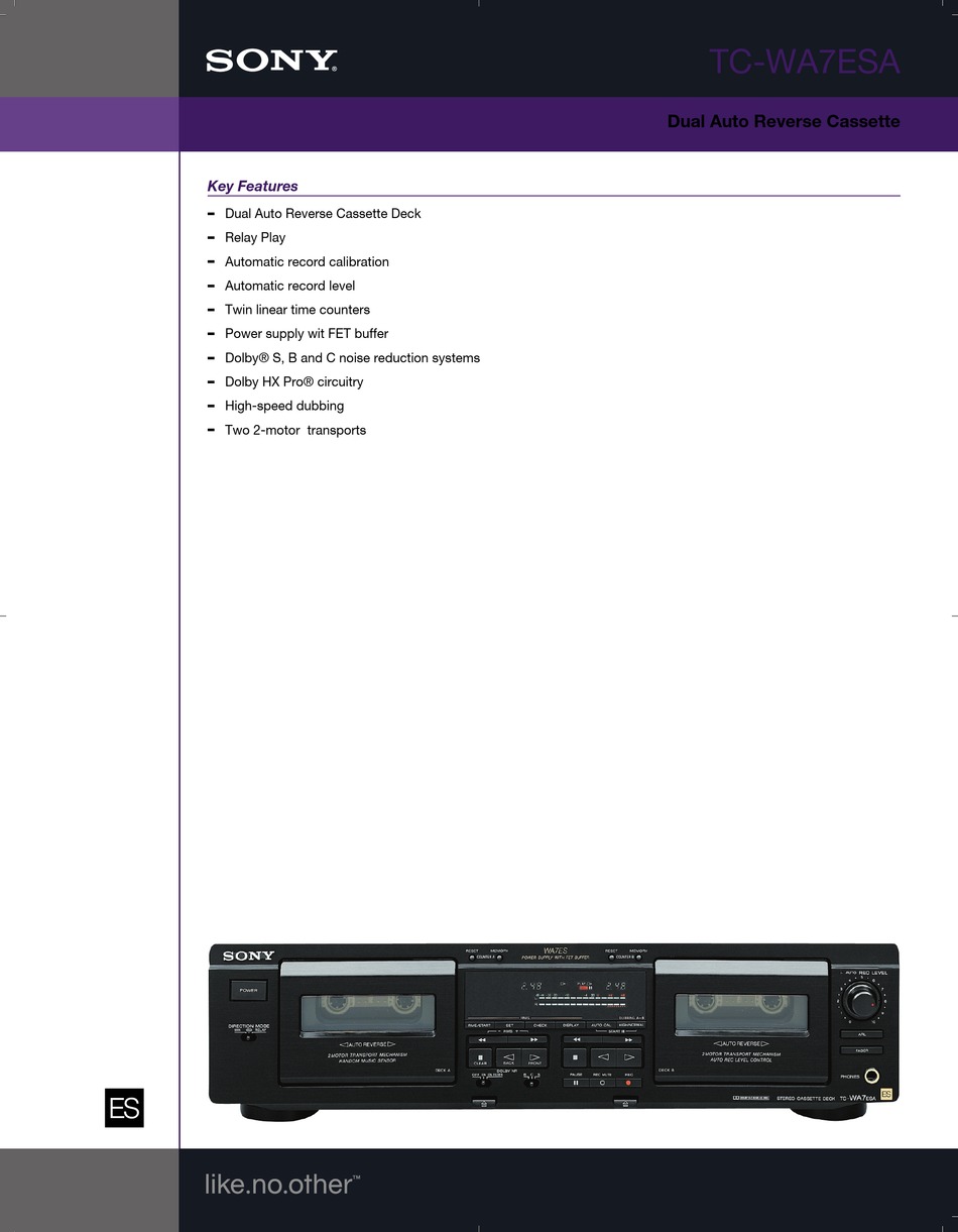 SONY TC-WA7ESA MARKETING CASSETTE PLAYER SPECIFICATIONS | ManualsLib