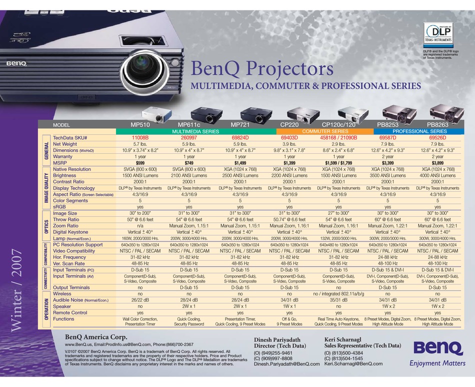 BENQ COMMUTER CP120 PROJECTOR COMPARISON CHART ManualsLib