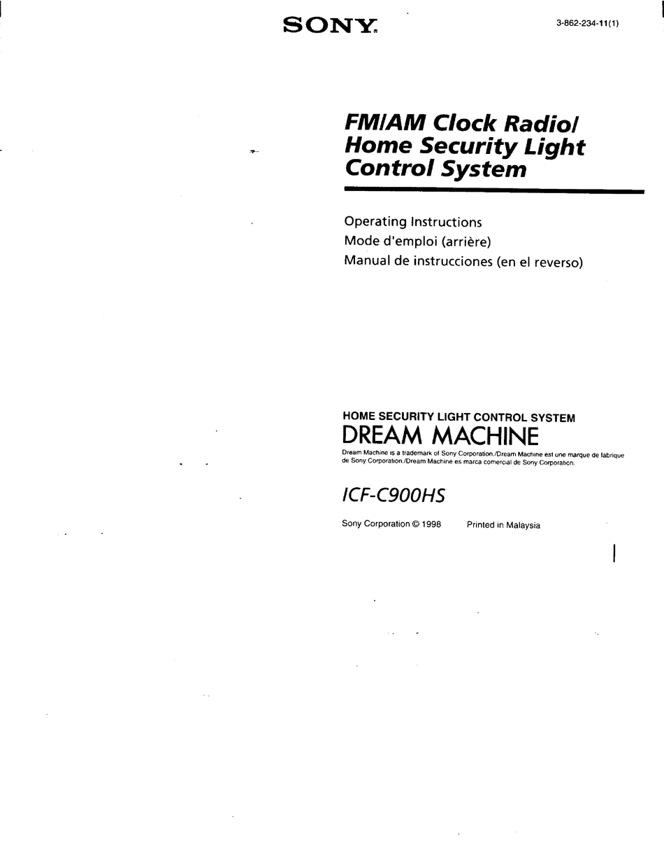SONY DREAM MACHINE ICFC900HS CLOCK RADIO OPERATING INSTRUCTIONS MANUAL