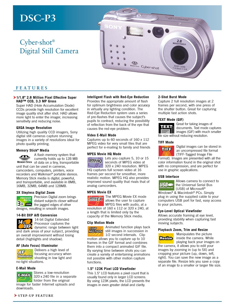 SONY CYBER-SHOT DSC-P3 DIGITAL CAMERA SPECIFICATIONS | ManualsLib