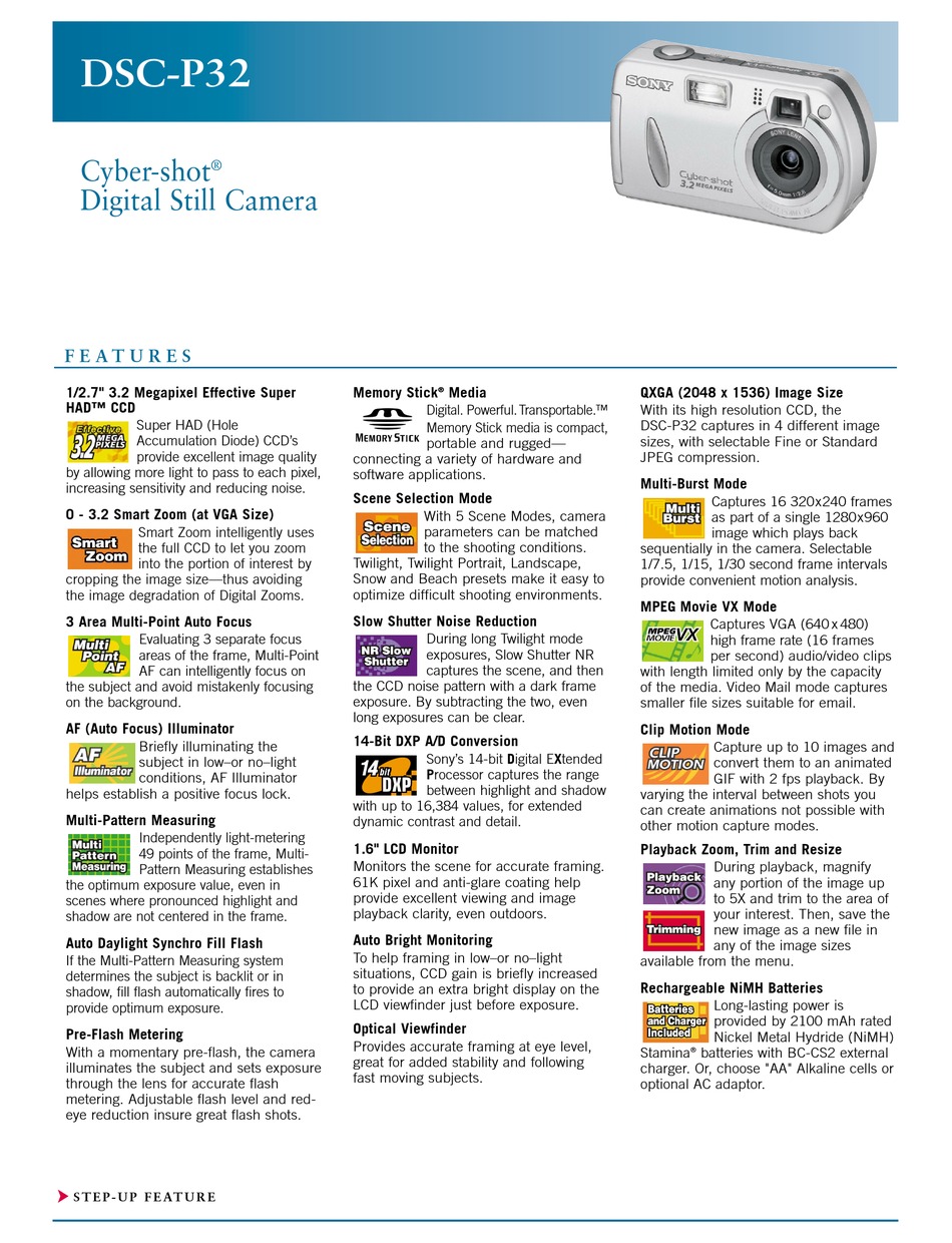 Sony Cyber Shot Dsc P32 Specifications Pdf Download Manualslib