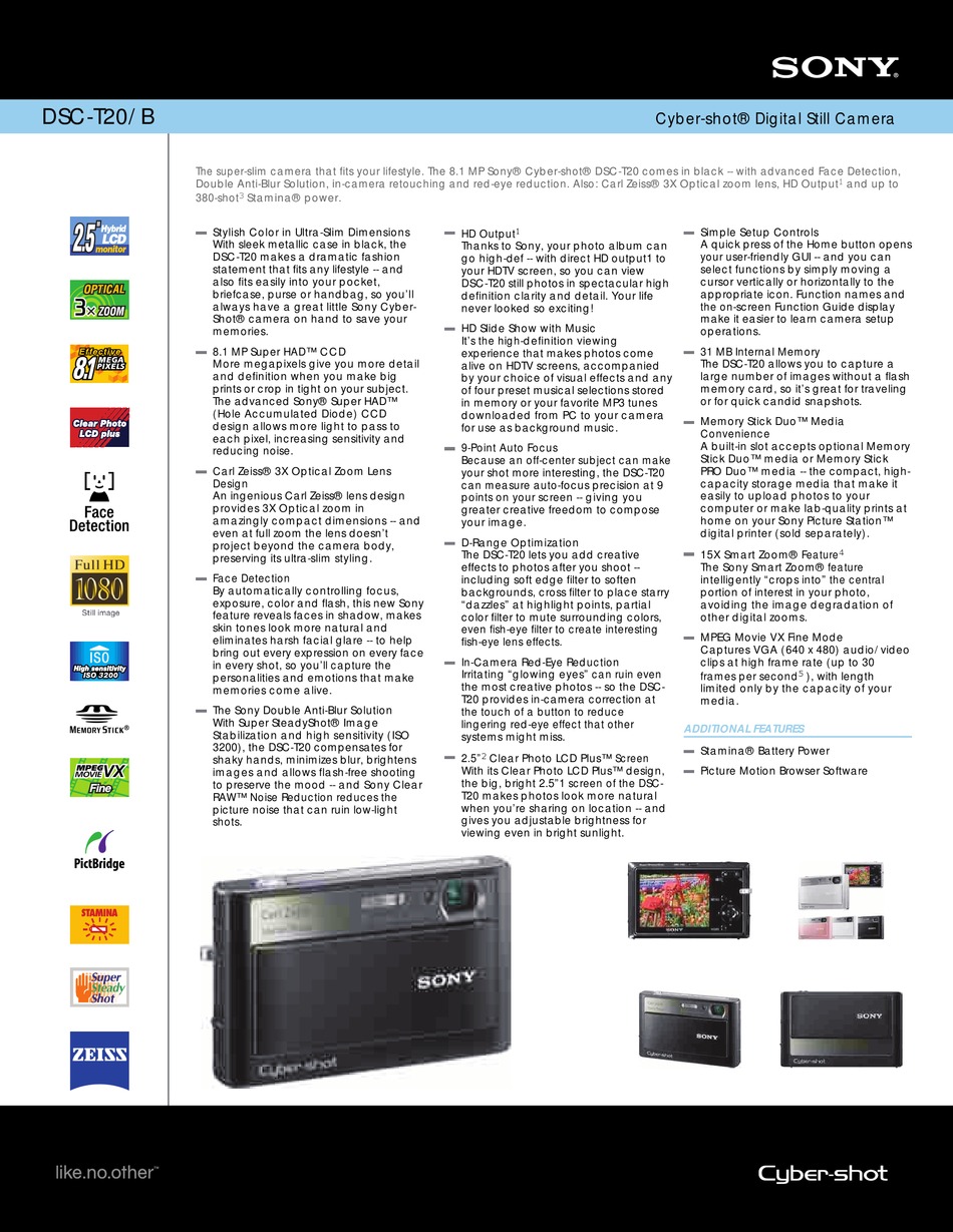 SONY DSC-T20/B CYBER-SHOT&REG DIGITAL CAMERA SPECIFICATIONS | ManualsLib