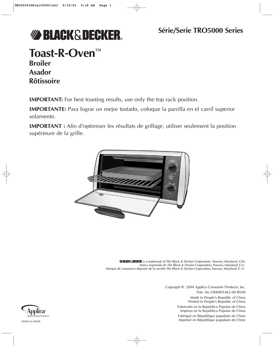 BLACK & DECKER TOASTROVEN TRO5000 SERIES BROILER IMPORTANT NOTES