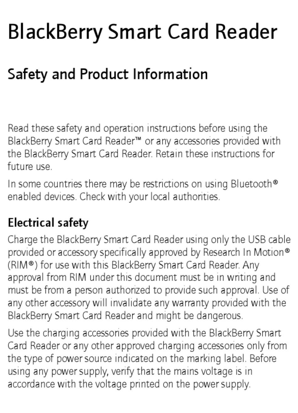 BLACKBERRY SMART CARD READER CARD READER SAFETY AND PRODUCT INFORMATION