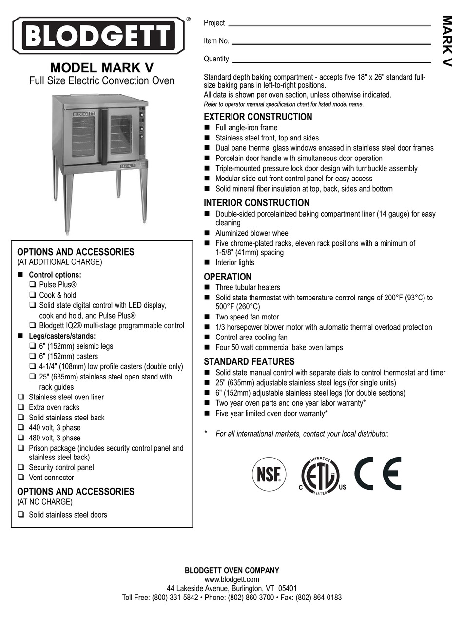 BLODGETT MARK V OVEN SPECIFICATIONS ManualsLib