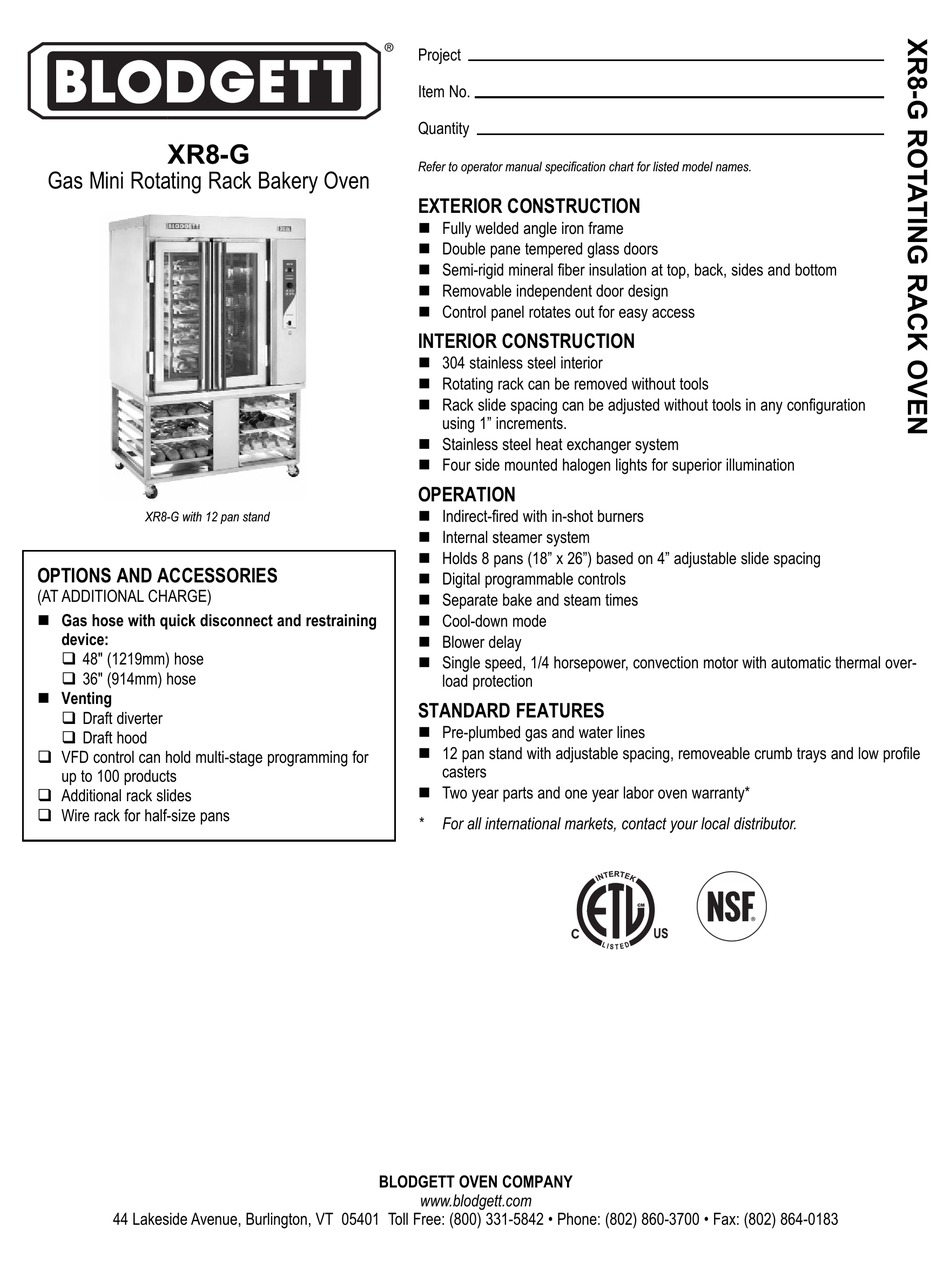 BLODGETT XR8G OVEN SPECIFICATIONS ManualsLib