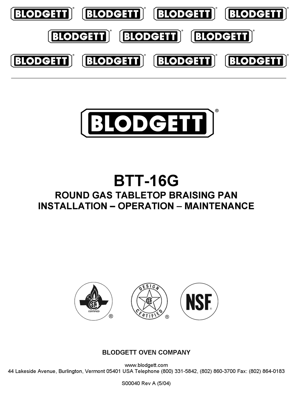 BLODGETT BTT16G SKILLET INSTALLATION OPERATION & MAINTENANCE ManualsLib