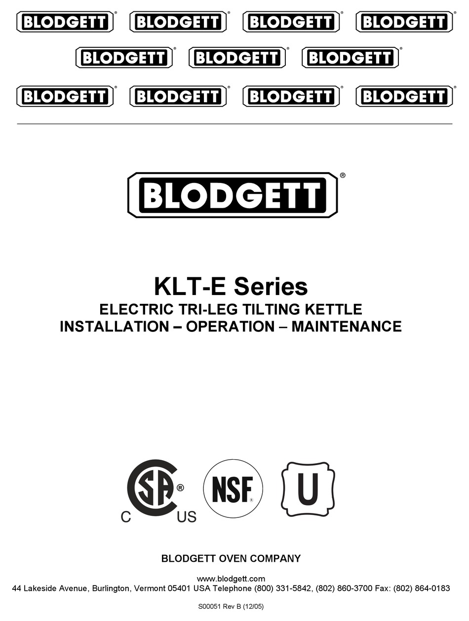 BLODGETT KLT100E KETTLE INSTALLATION OPERATION & MAINTENANCE ManualsLib