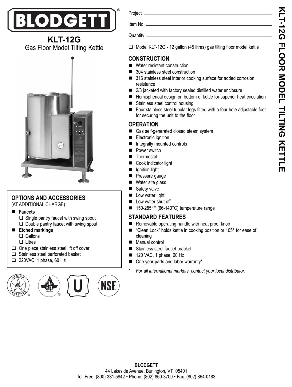 BLODGETT KLT12G KETTLE SPECIFICATIONS ManualsLib