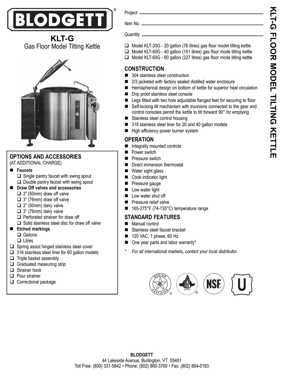 BLODGETT KLT20G KETTLE SPECIFICATIONS ManualsLib