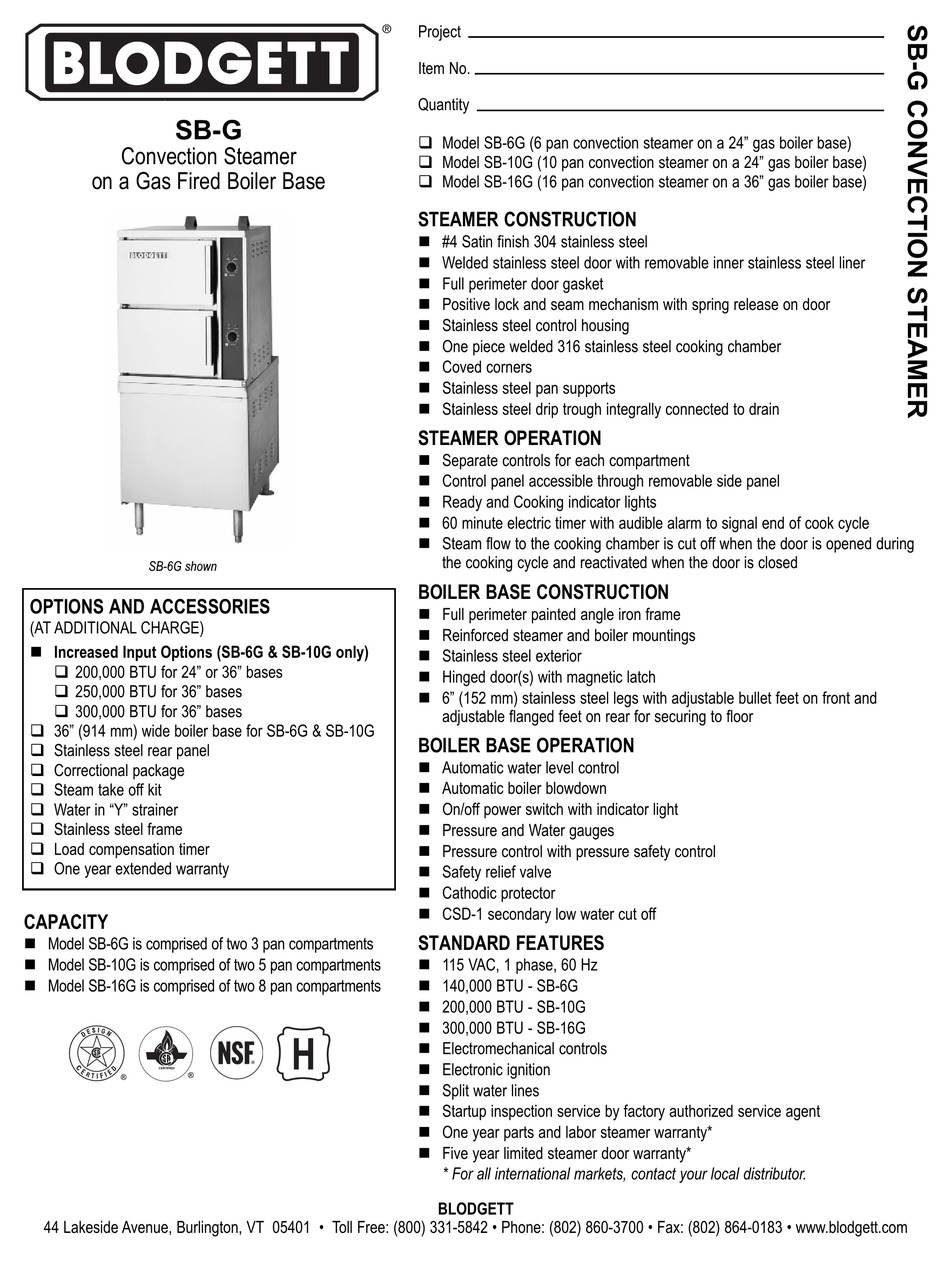 Blodgett Sb 10g Specifications Pdf Download Manualslib