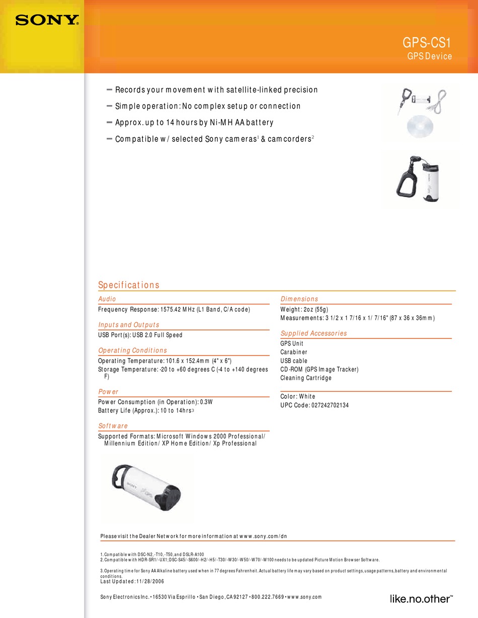 SONY GPSCS1 MARKETING GPS SPECIFICATIONS ManualsLib