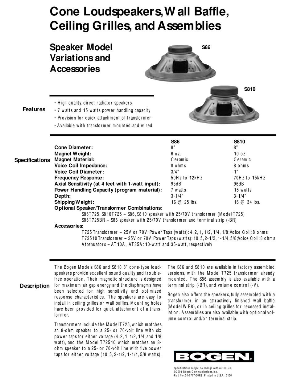 BOGEN S810T725PG8W SPEAKER FEATURES | ManualsLib  Bogen Volume Control Wiring Diagram    ManualsLib