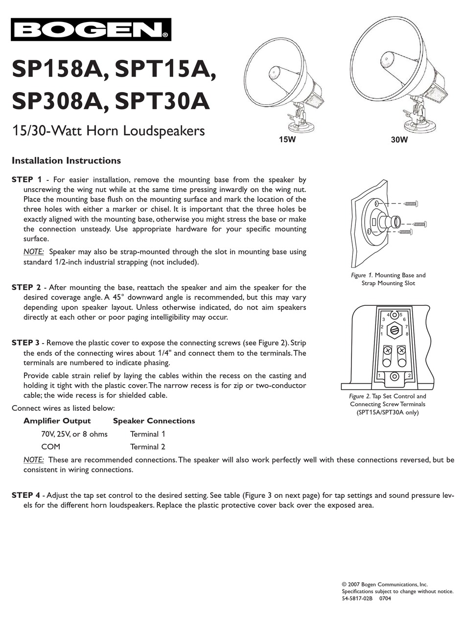 BOGEN SP158A SPEAKER INSTALLATION INSTRUCTIONS | ManualsLib  Bogen Volume Control Wiring Diagram    ManualsLib
