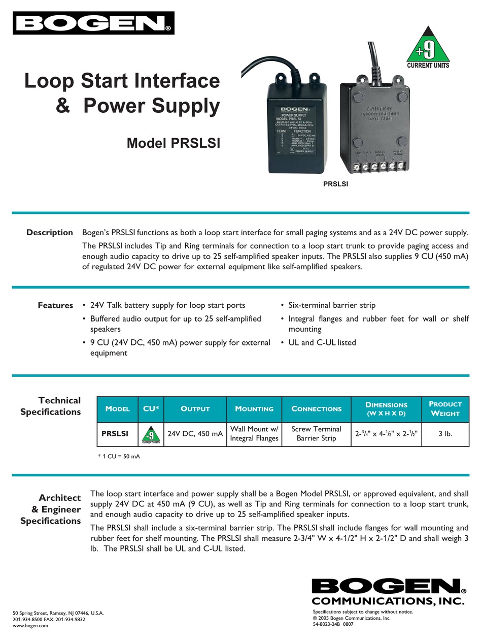 BOGEN PRSLSI POWER SUPPLY SPECIFICATIONS ManualsLib