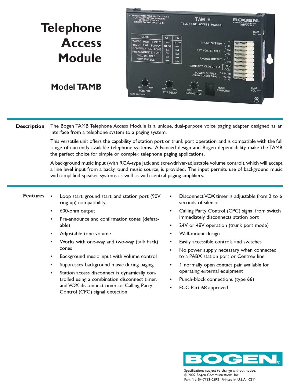 BOGEN TAM-B SPECIFICATIONS Pdf Download | ManualsLib