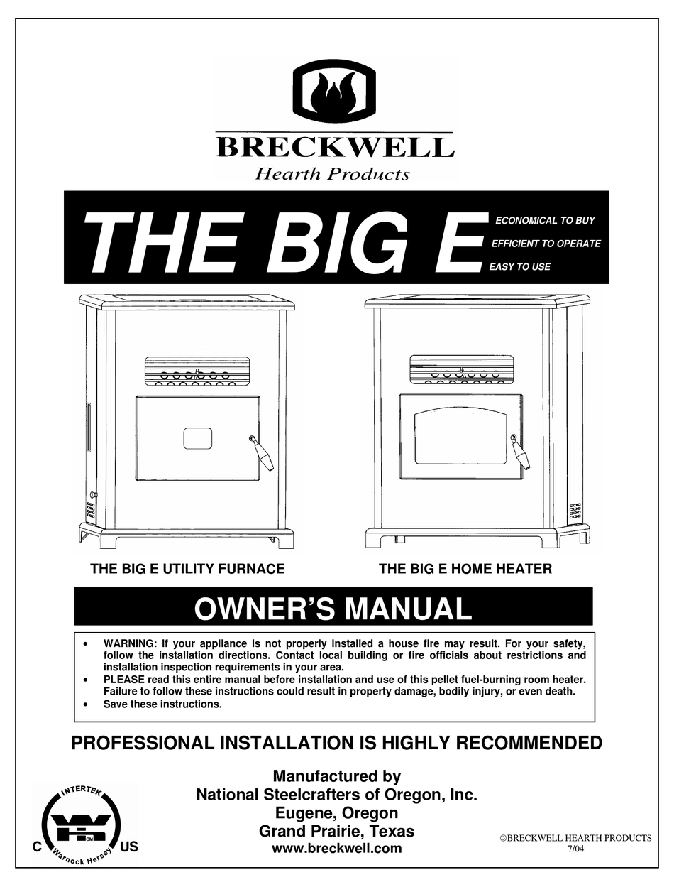 BRECKWELL BIG E SP1000PWA STOVE OWNER'S MANUAL ManualsLib