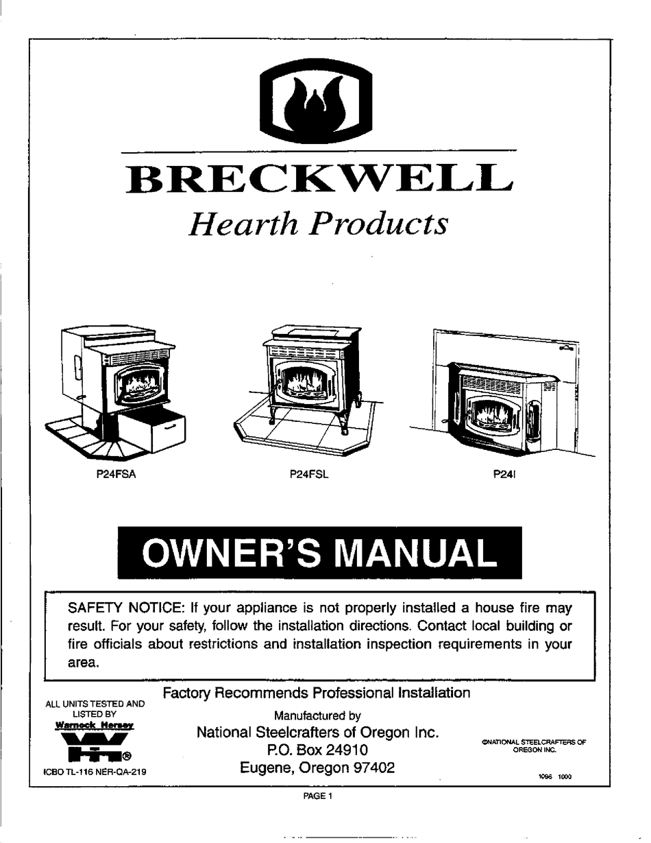 BRECKWELL P24FSA PELLET STOVE OWNER'S MANUAL ManualsLib