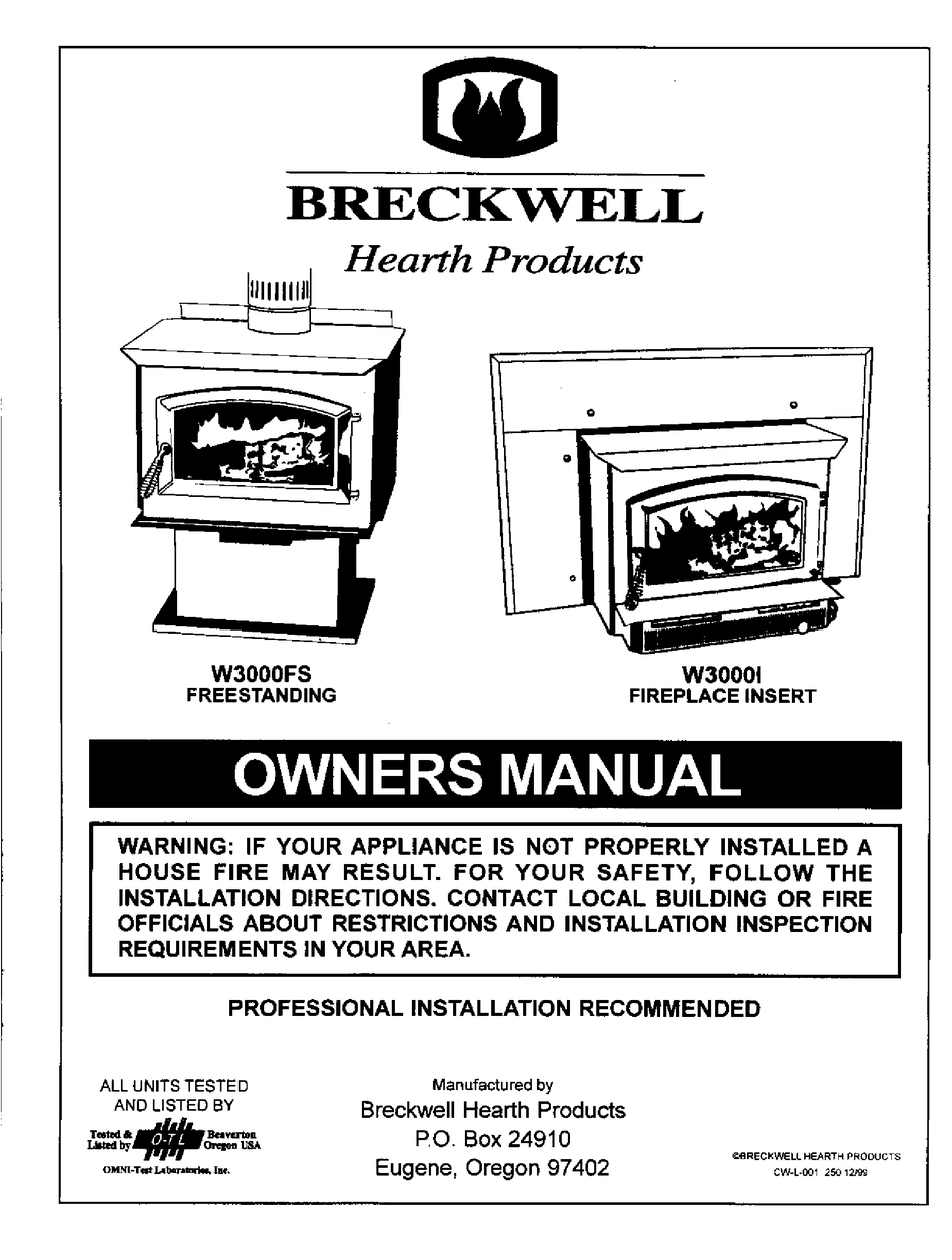 BRECKWELL W3000FS WOOD STOVE OWNER'S MANUAL ManualsLib