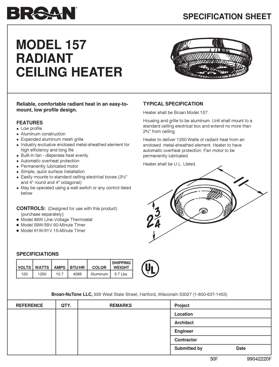 Nutone Heater Specification Sheet Manualslib