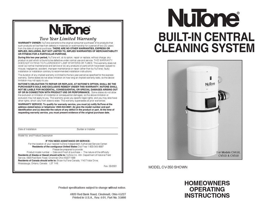 NUTONE PERFORMANCE CV353 HOMEOWNER'S OPERATING INSTRUCTIONS Pdf