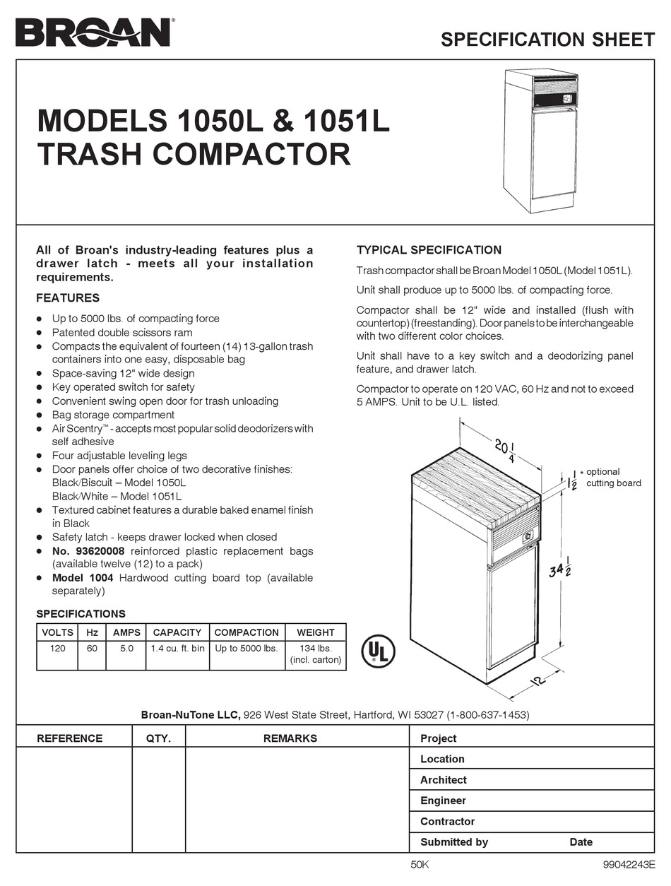 NUTONE 1050L TRASH COMPACTOR SPECIFICATION SHEET ManualsLib